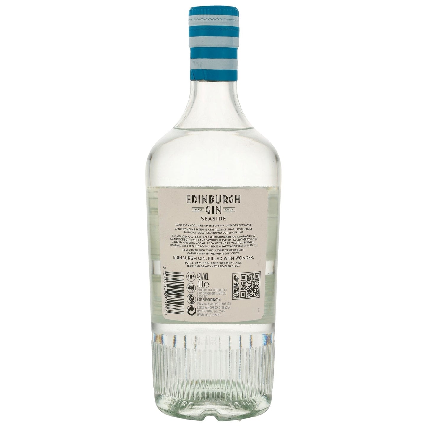 Schwarzbach Spirits Edinburgh Gin Seaside, a clear gin with a blue and white striped cap, 43% Vol, 70cl bottle.