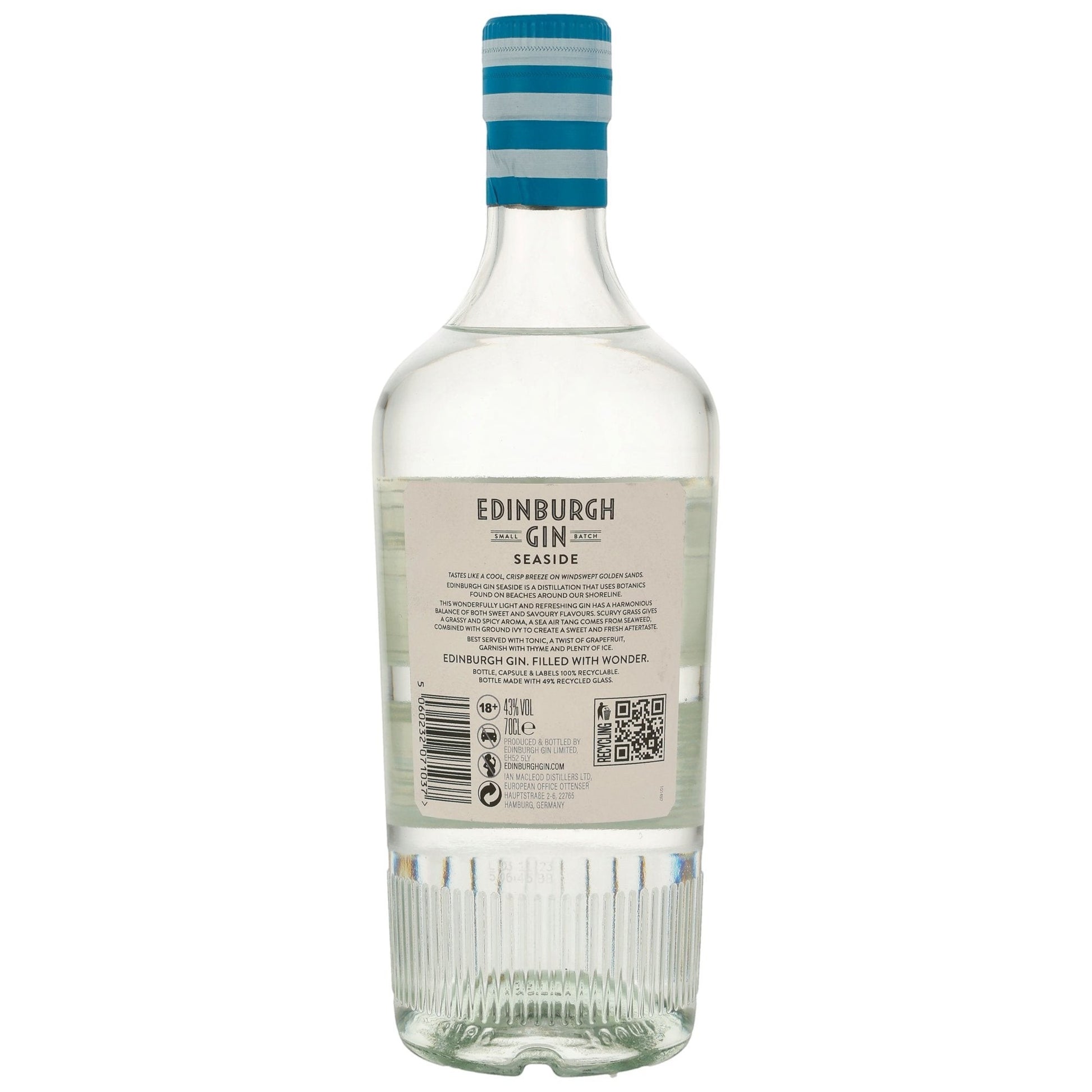 Schwarzbach Spirits Edinburgh Gin Seaside, a clear gin with a blue and white striped cap, 43% Vol, 70cl bottle.