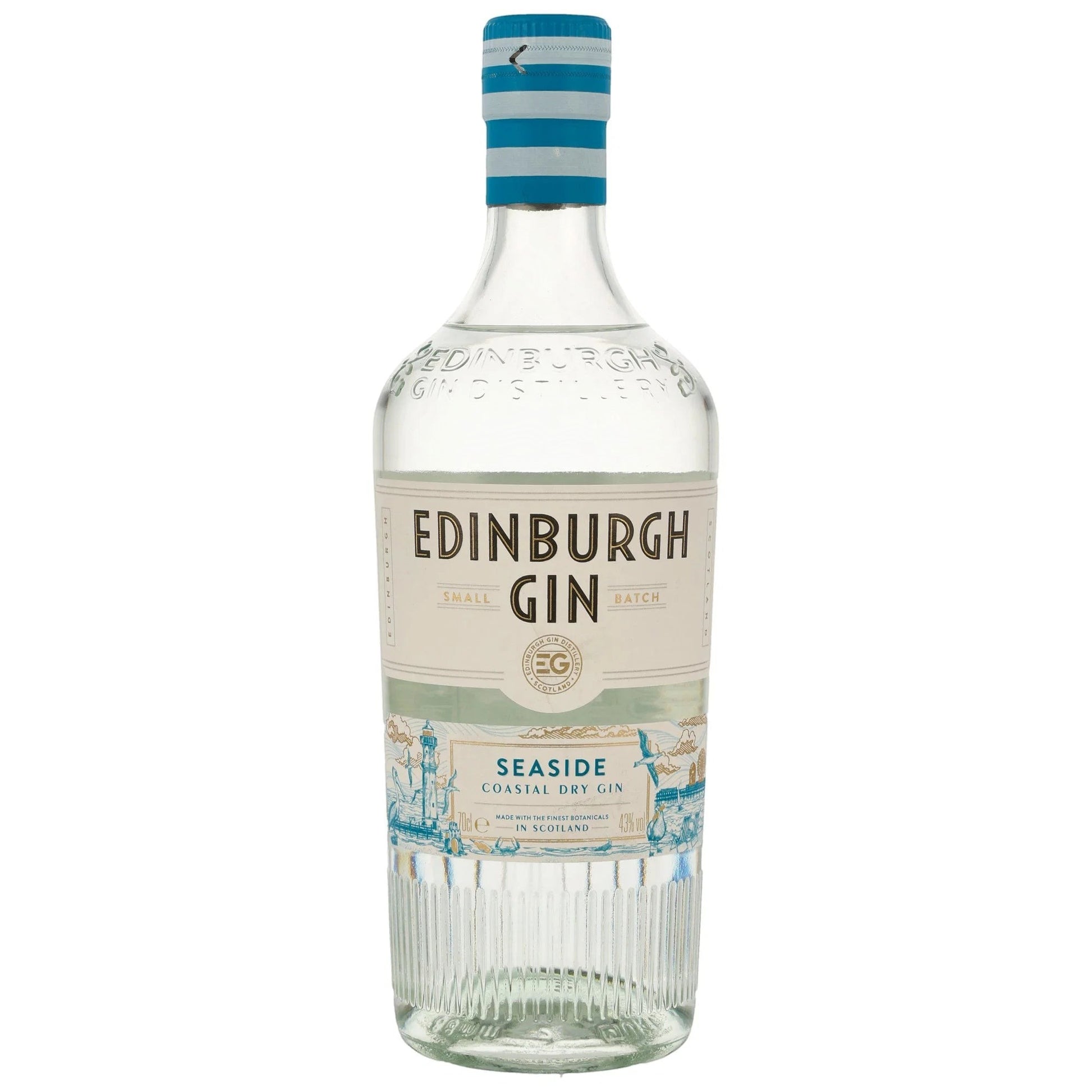 Schwarzbach Spirits Edinburgh Gin Seaside Coastal Dry Gin bottle with blue and white striped cap. Features maritime illustrations and 43% ABV.