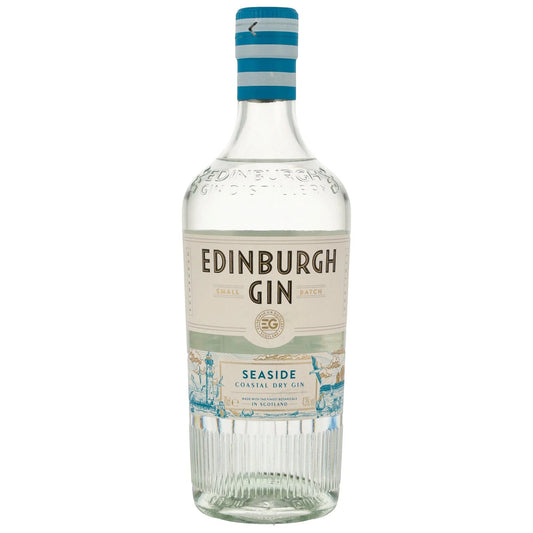 Schwarzbach Spirits Edinburgh Gin Seaside Coastal Dry Gin bottle with blue and white striped cap. Features maritime illustrations and 43% ABV.