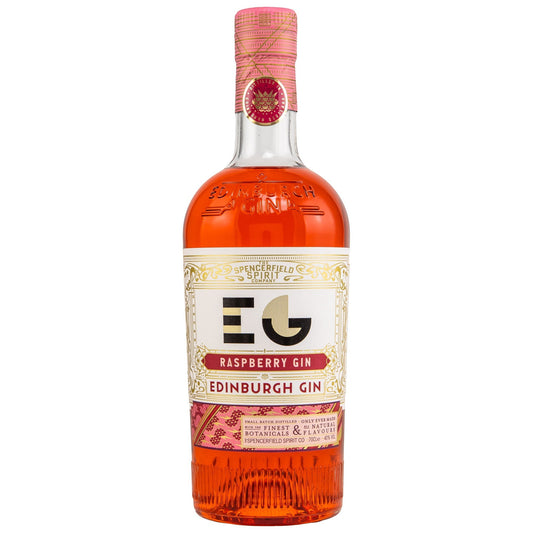 Schwarzbach Spirits Edinburgh Raspberry Gin 40% Vol. 0.7L, ein rosafarbener Gin mit Himbeergeschmack, in einer Glasflasche.