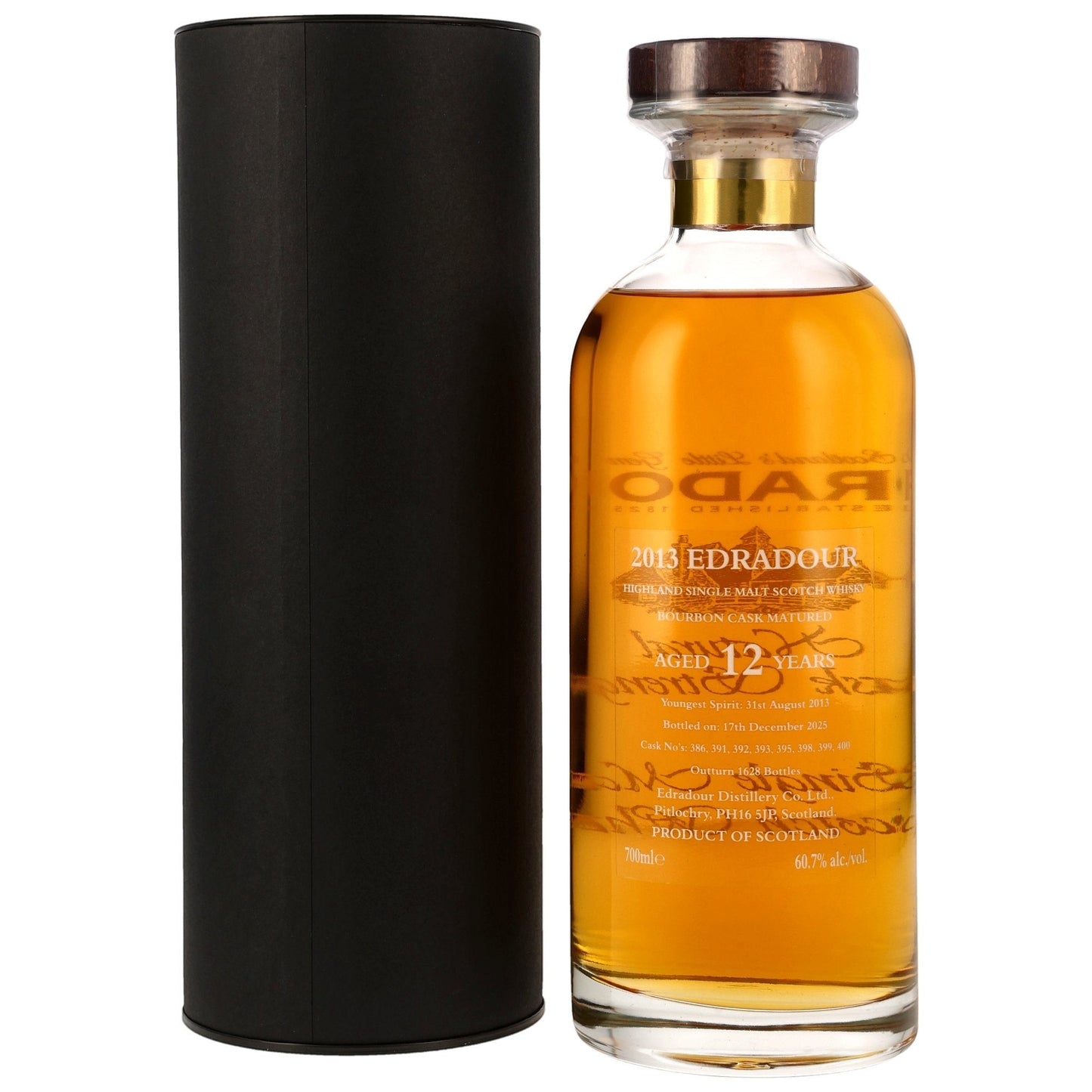 Schwarzbach Spirits Edradour 12 Jahre Natural Cask Strength Single Malt Scotch Whisky in Bourbon Cask Matured, 60,7% Vol., 700ml, in Ibisco-Decanter mit schwarzer Geschenkverpackung.