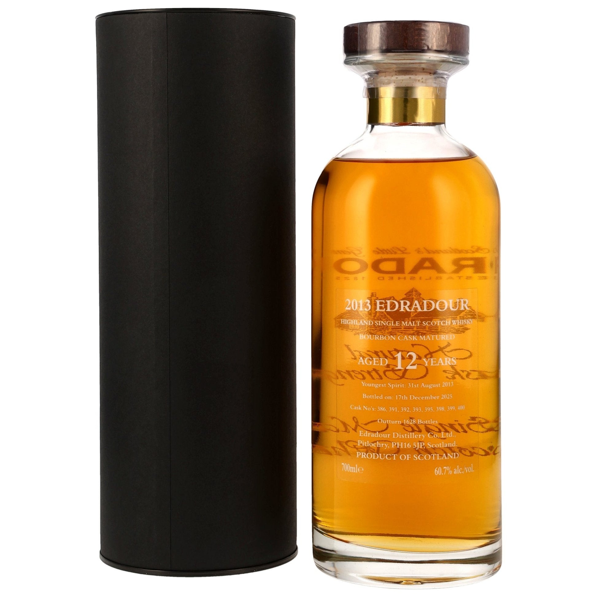 Schwarzbach Spirits Edradour 12 Jahre Natural Cask Strength Single Malt Scotch Whisky in Bourbon Cask Matured, 60,7% Vol., 700ml, in Ibisco-Decanter mit schwarzer Geschenkverpackung.