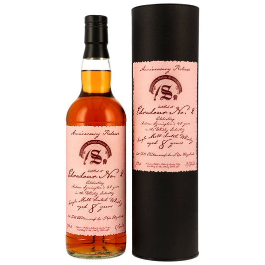 Schwarzbach Spirits Edradour No. 2 8 Jahre Single Malt Whisky in Flasche und schwarzer Tube mit rosa Etikett