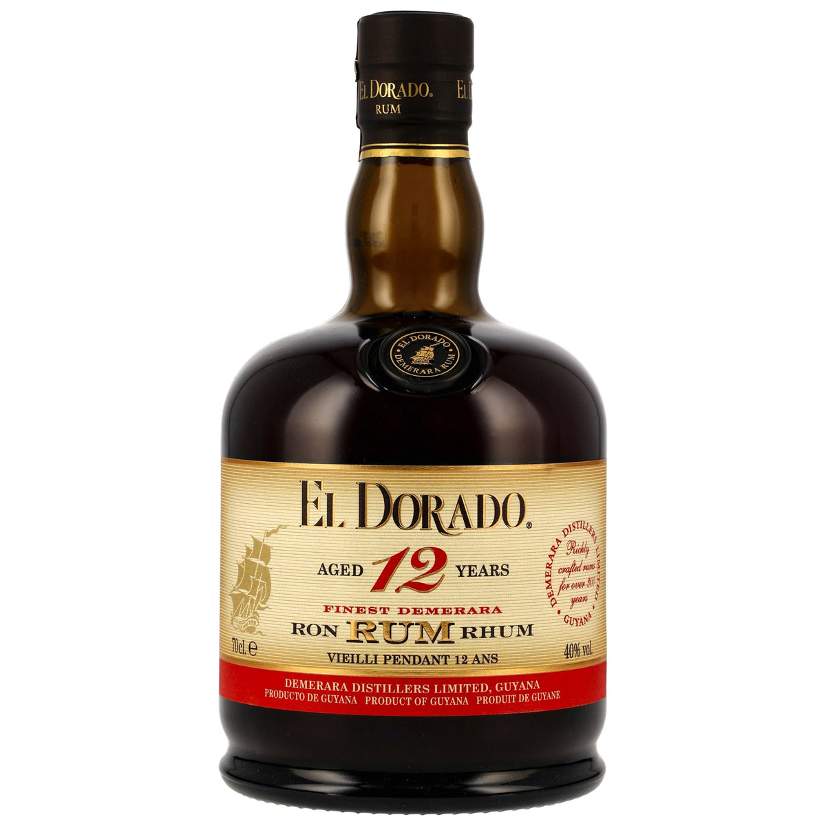 Schwarzbach Spirits El Dorado 12 Jahre Demerara Rum Flasche mit bernsteinfarbener Flüssigkeit und elegantem Etikett