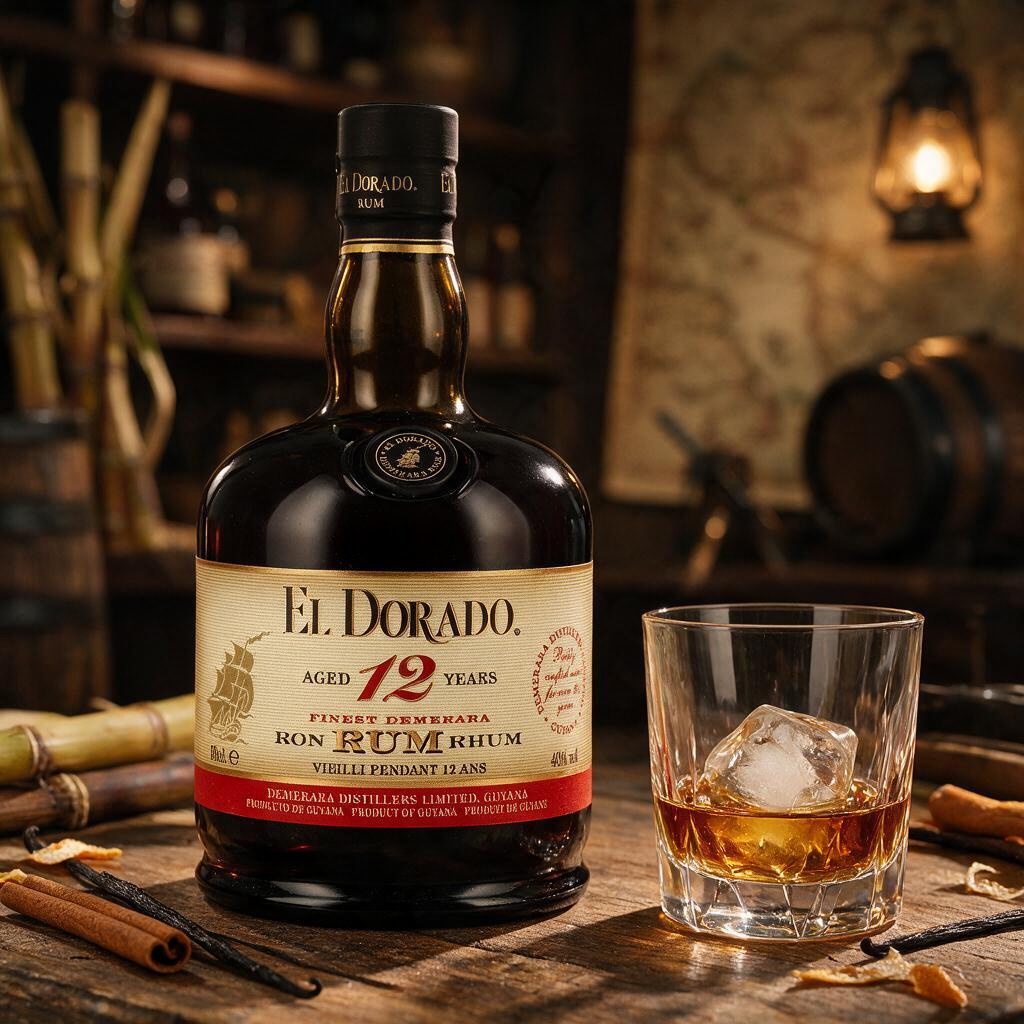 Schwarzbach Spirits El Dorado 12 Jahre Demerara Rum Flasche mit Glas auf einem rustikalen Holztisch mit Gewürzen