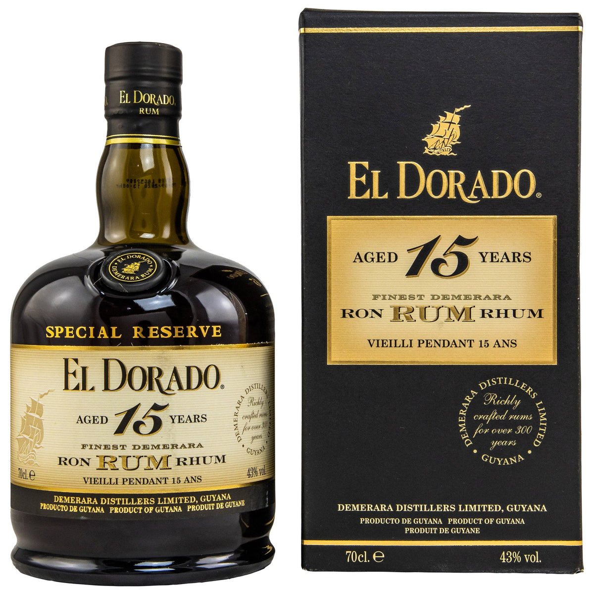 Schwarzbach Spirits El Dorado 15 Jahre Demerara Rum Flasche mit schwarzer Geschenkverpackung aus Guyana