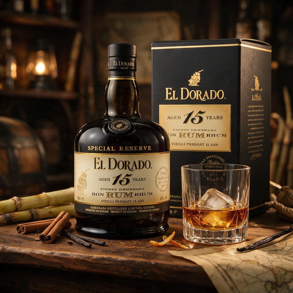 Schwarzbach Spirits El Dorado 15 Jahre Demerara Rum Flasche mit Glas und Geschenkverpackung auf rustikalem Holztisch