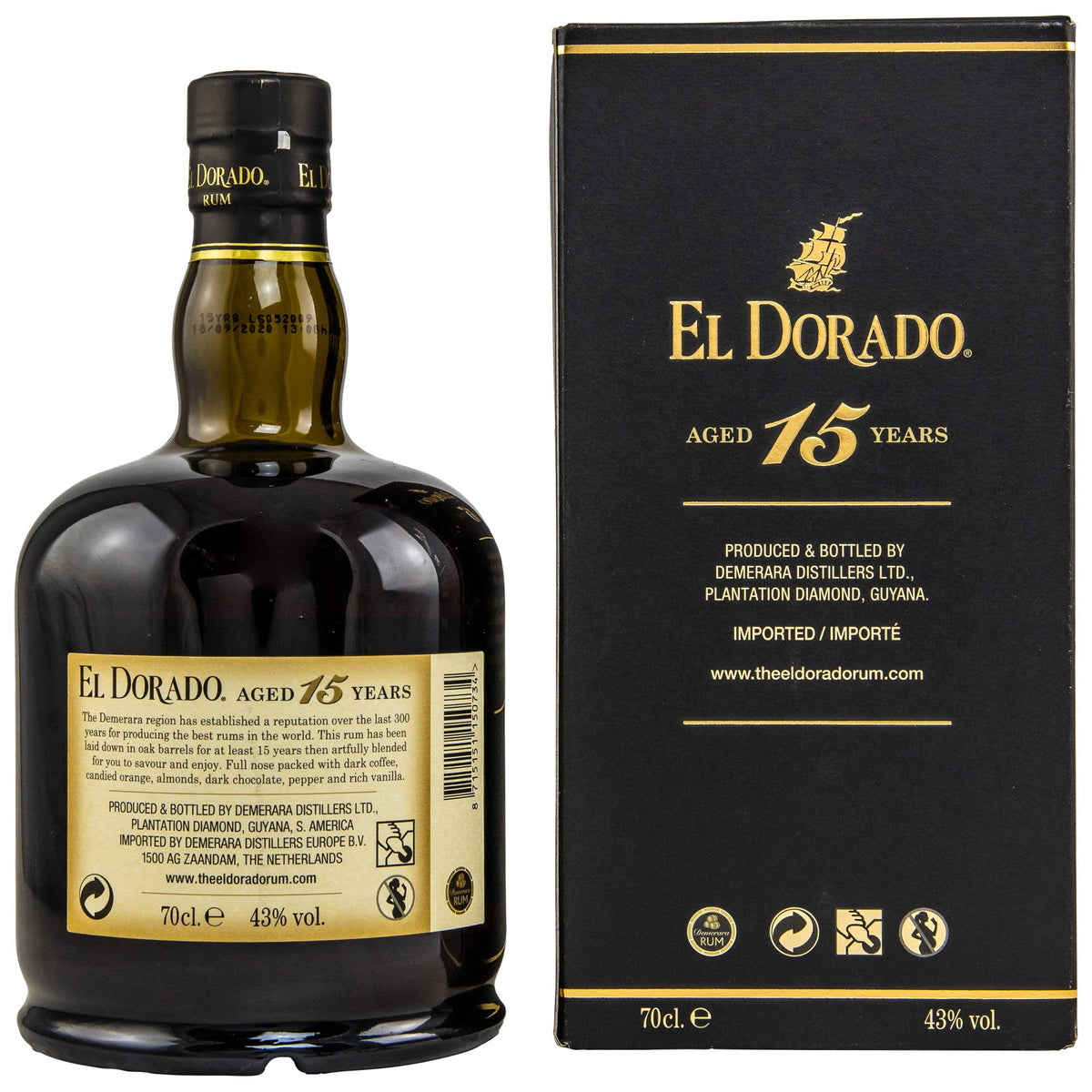 Schwarzbach Spirits El Dorado 15 Jahre Demerara Rum Flasche mit schwarzer Geschenkverpackung aus Guyana