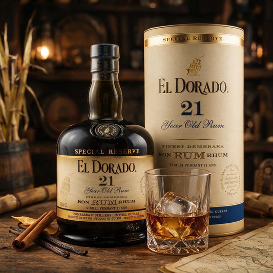 Schwarzbach Spirits El Dorado 21 Jahre Demerara Rum Flasche mit Geschenkdose und Glas auf einem Holztisch.