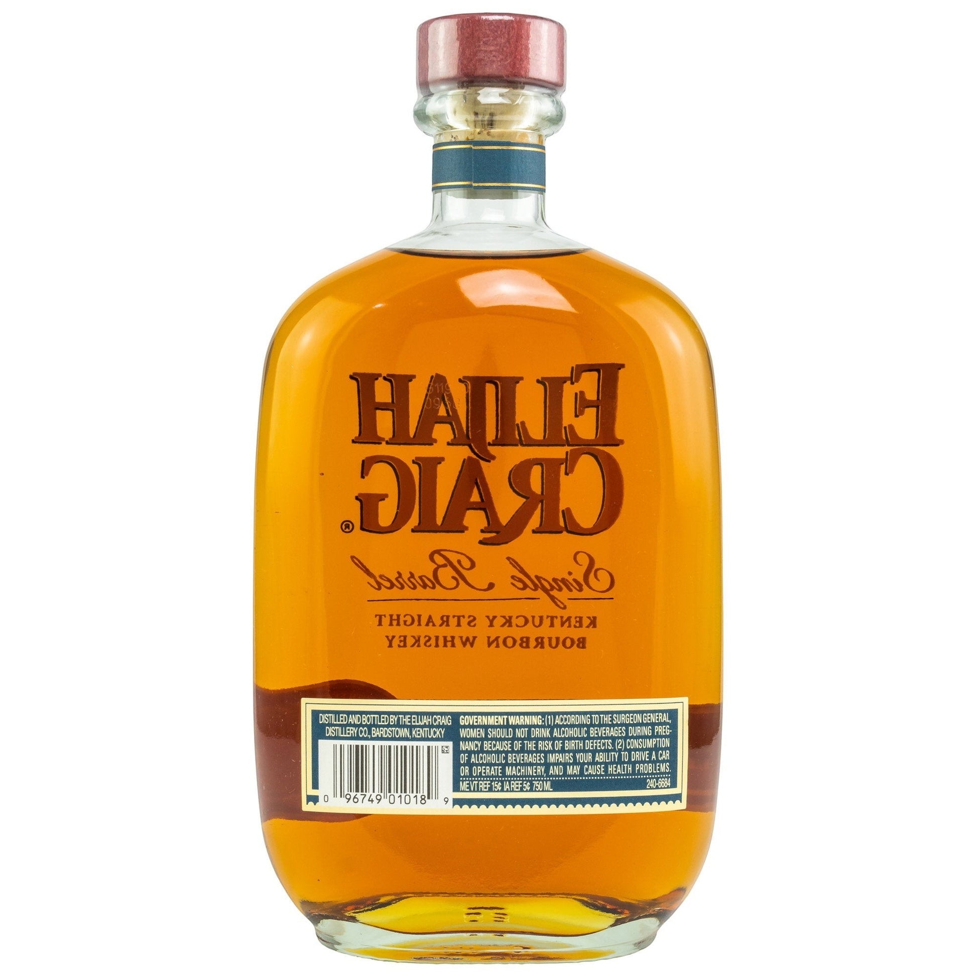 Elijah Craig 18 Jahre Bourbon, Kentucky Straight, Single Barrel, 45% Vol. in Glasflasche mit rotem Verschluss.