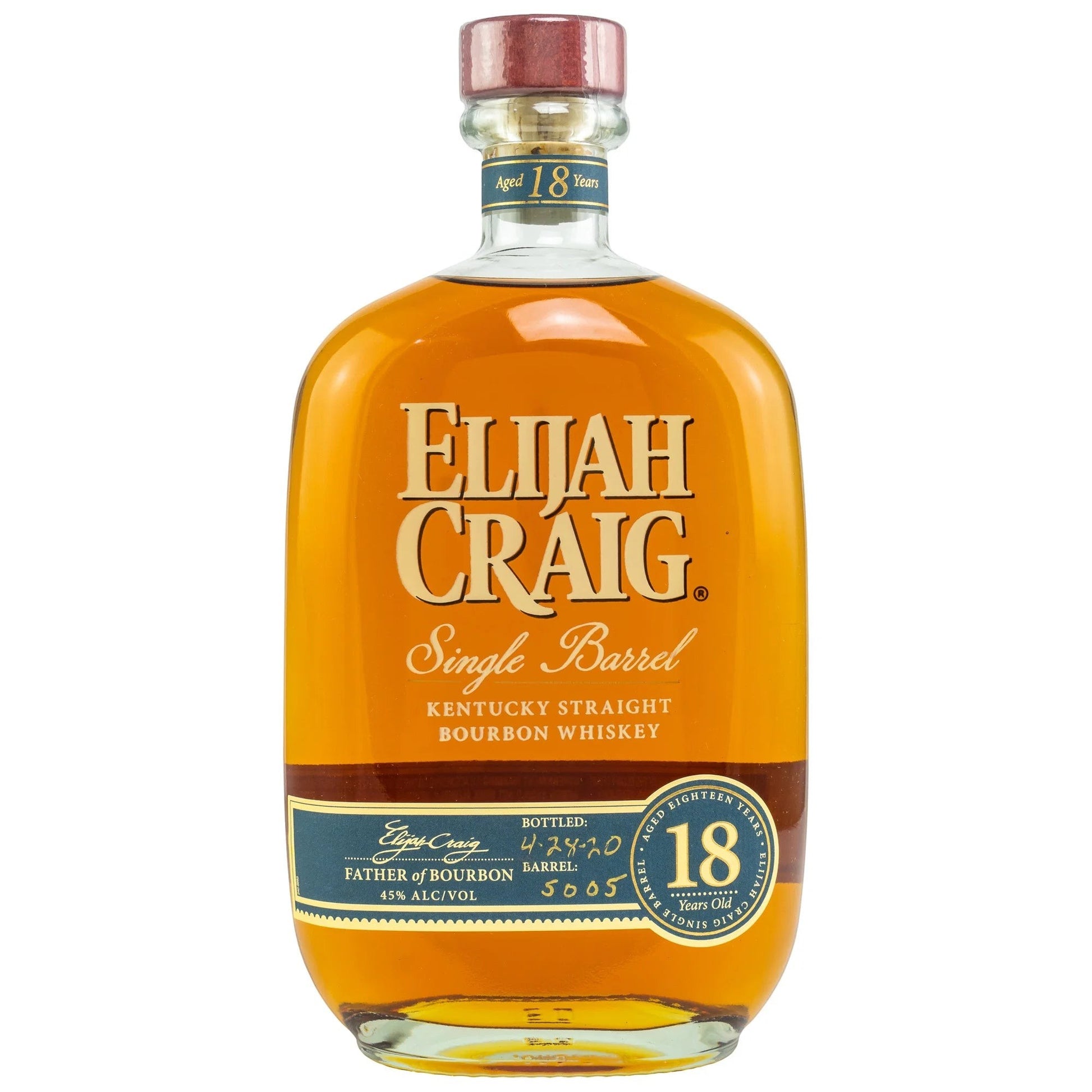 Schwarzbach Spirits: Elijah Craig 18 Jahre Single Barrel Kentucky Straight Bourbon Whiskey, 45% Vol., bernsteinfarben.