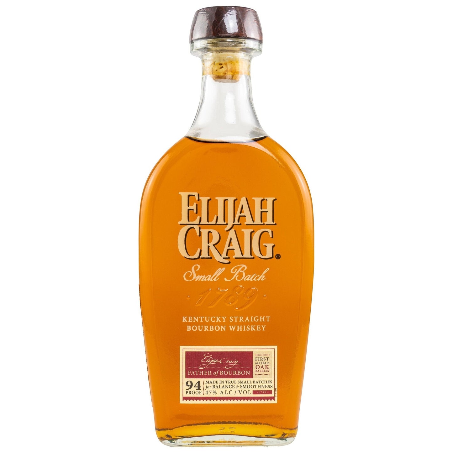Schwarzbach Spirits: Elijah Craig Small Batch Bourbon, Kentucky Straight Bourbon Whiskey, 47% Vol., 94 Proof, bernsteinfarben, in Glasflasche mit Holzkorken.