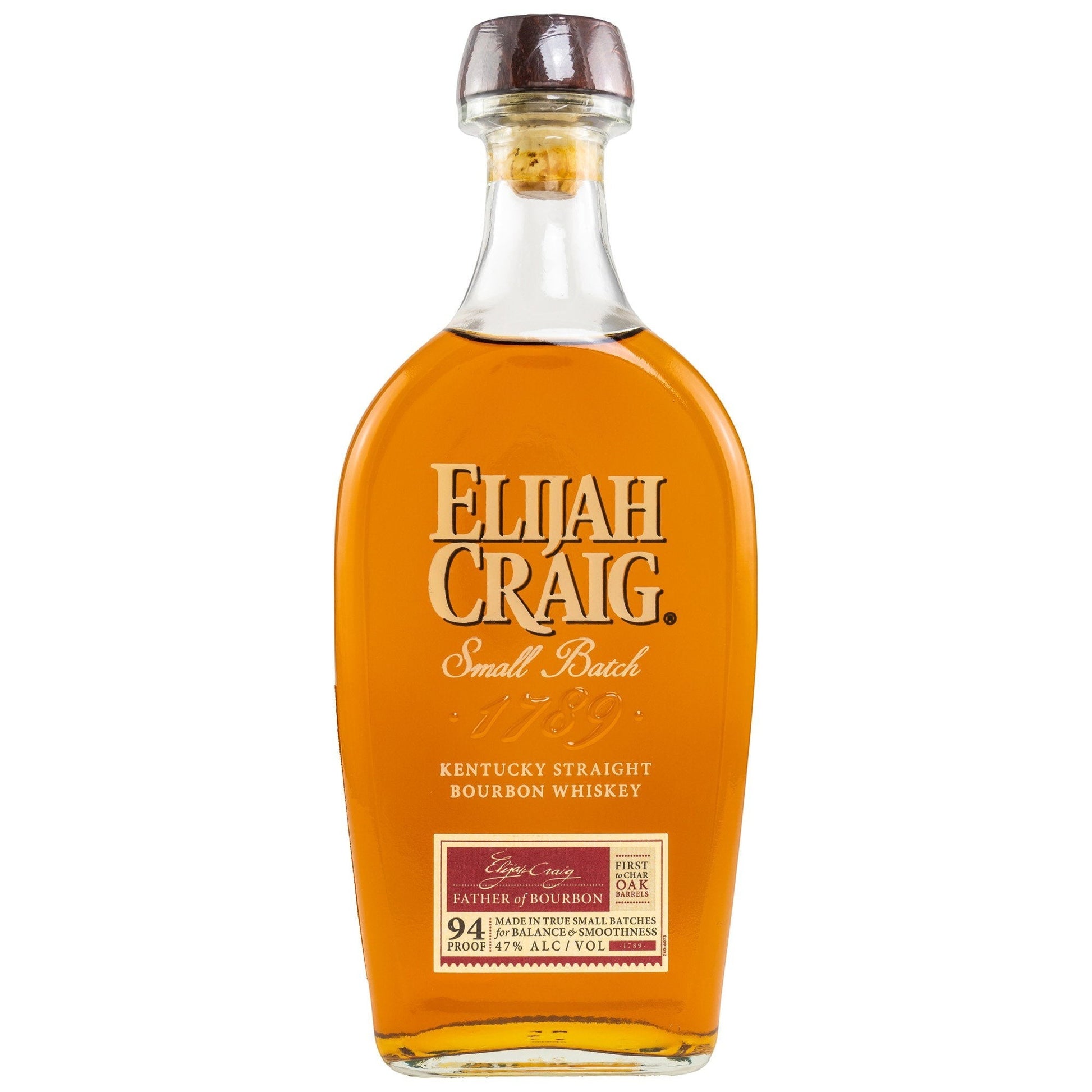 Schwarzbach Spirits: Elijah Craig Small Batch Bourbon, Kentucky Straight Bourbon Whiskey, 47% Vol., 94 Proof, bernsteinfarben, in Glasflasche mit Holzkorken.