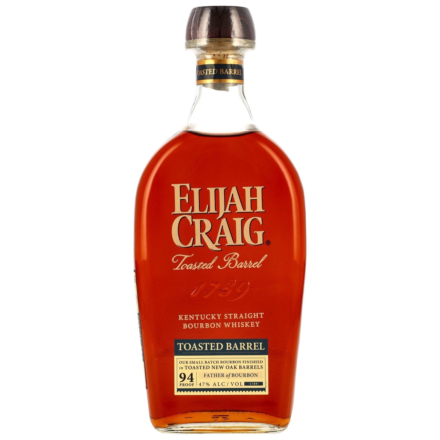Elijah Craig Toasted Barrel Bourbon Whiskey mit 47% Vol. in einer Glasflasche mit bernsteinfarbener Flüssigkeit.