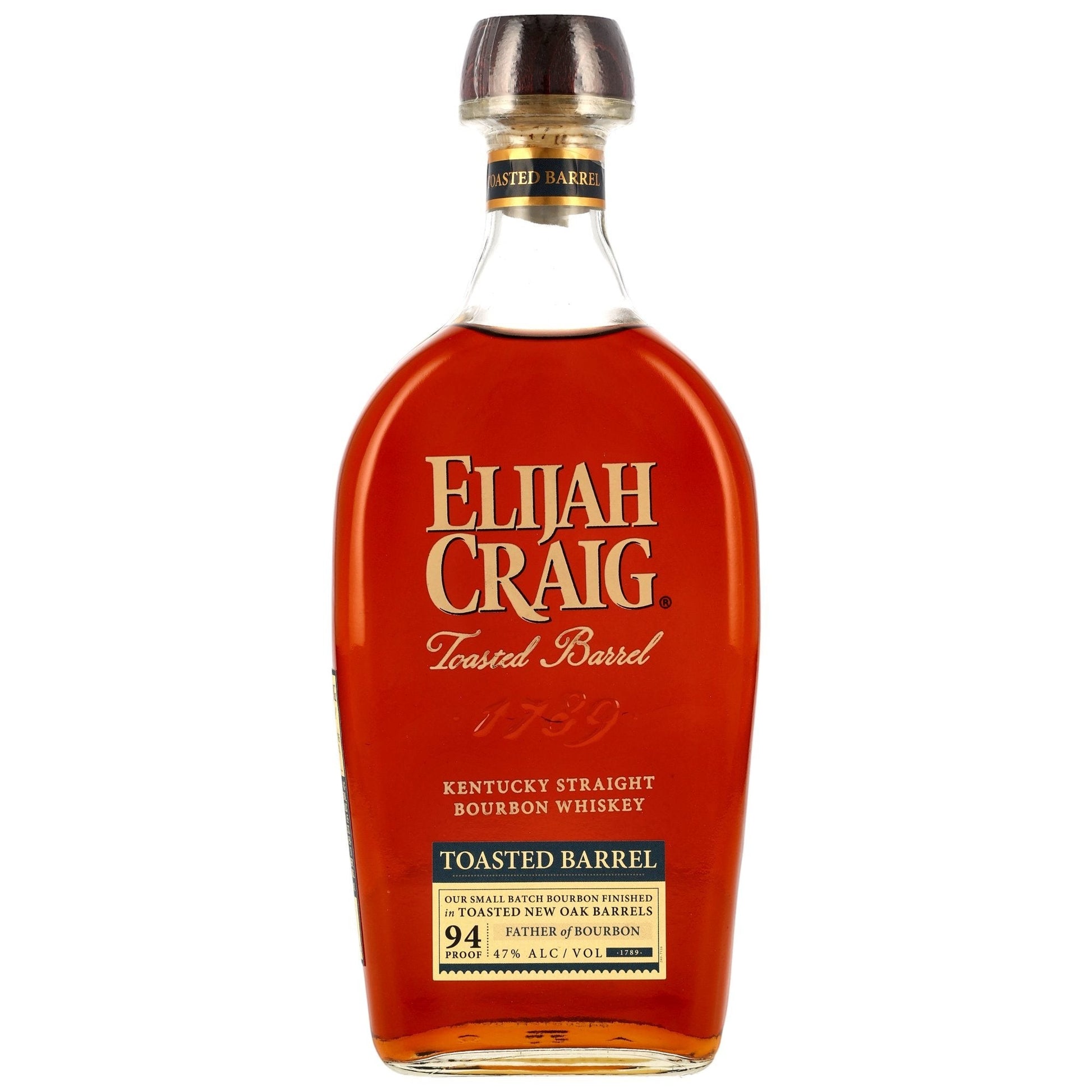 Elijah Craig Toasted Barrel Bourbon Whiskey mit 47% Vol. in einer Glasflasche mit bernsteinfarbener Flüssigkeit.