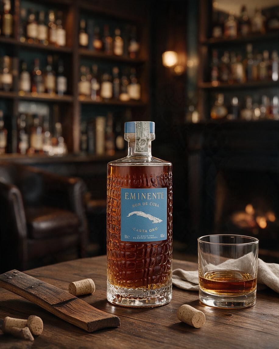 Schwarzbach Spirits Eminente Carta Oro 5 Jahre Rum in strukturierter Krokodilleder-Flasche mit Glas auf Holztisch
