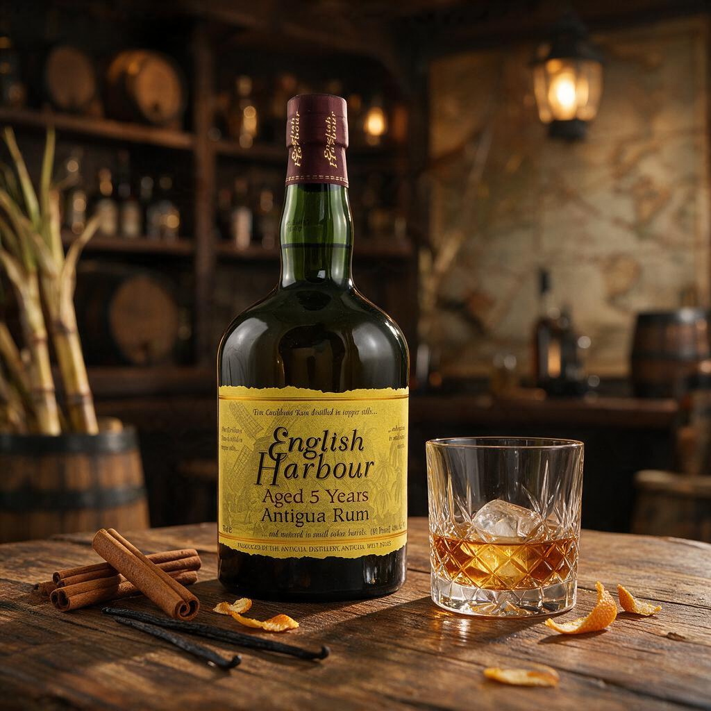 Schwarzbach Spirits English Harbour 5 Jahre Rum Flasche neben einem Glas mit Eis, Zimtstangen und Orangenschale.