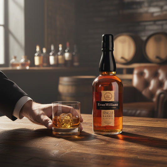 Schwarzbach Spirits präsentiert Evan Williams 2016 Single Barrel Bourbon mit Glas auf einem Holztisch in einer Bar.