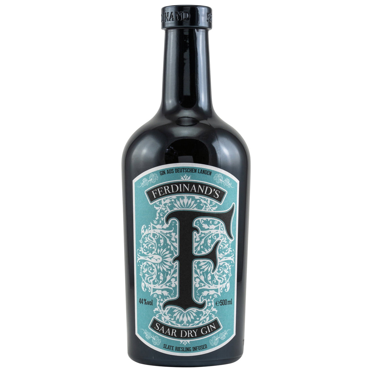 Schwarzbach Spirits Ferdinand's Saar Dry Gin in einer dunklen 0,5-Liter-Flasche mit hellblauem Etikett und Riesling-Note
