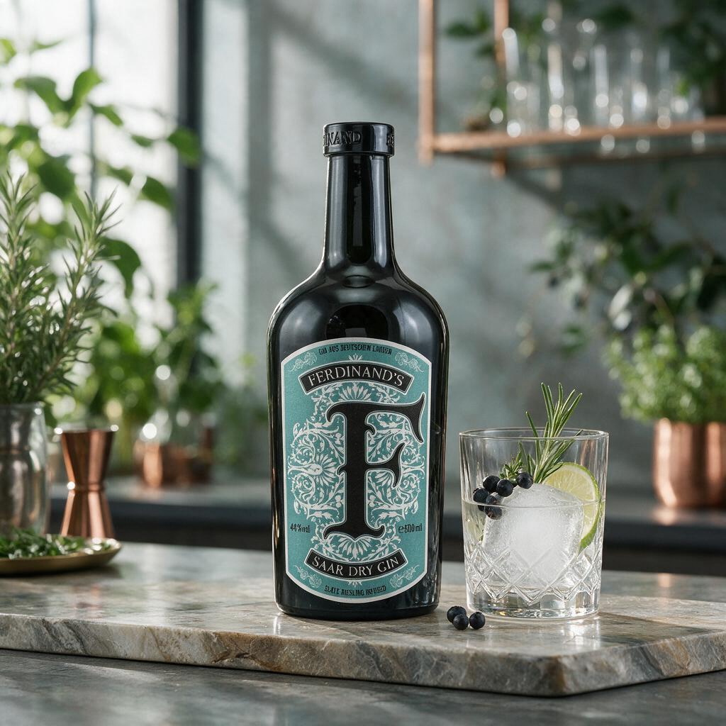 Schwarzbach Spirits Ferdinand's Saar Dry Gin Flasche neben einem Glas mit Eis, Limette und Wacholderbeeren.