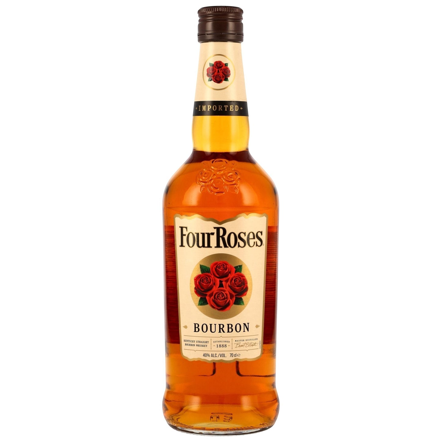 Schwarzbach Spirits Four Roses Bourbon Whiskey, 40% Vol., 0.7L Flasche mit vier roten Rosen auf dem Etikett.