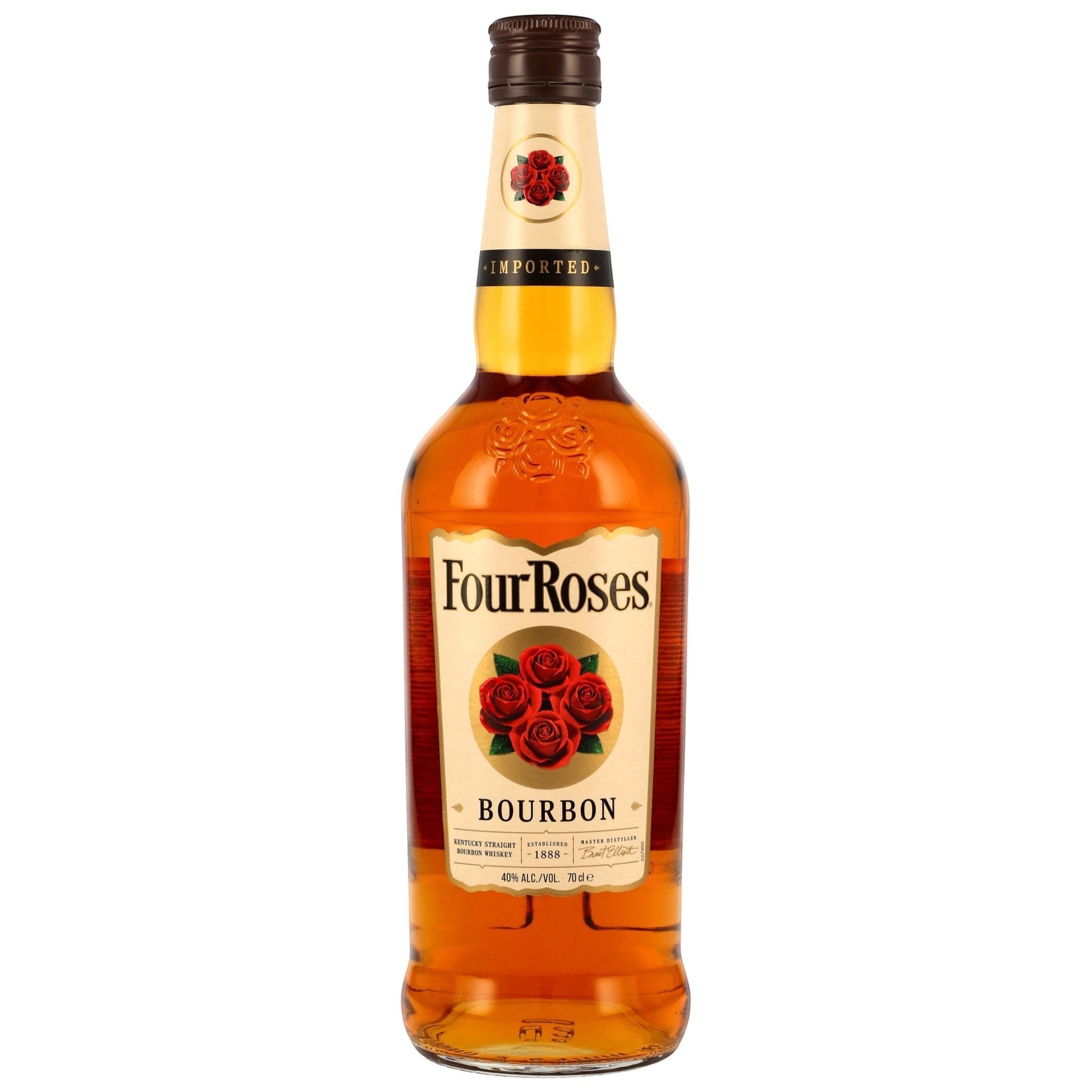 Schwarzbach Spirits Four Roses Bourbon Whiskey, 40% Vol., 0.7L Flasche mit vier roten Rosen auf dem Etikett.