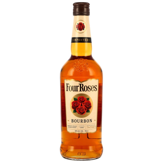 Schwarzbach Spirits Four Roses Bourbon Whiskey, 40% Vol., 0.7L Flasche mit vier roten Rosen auf dem Etikett.