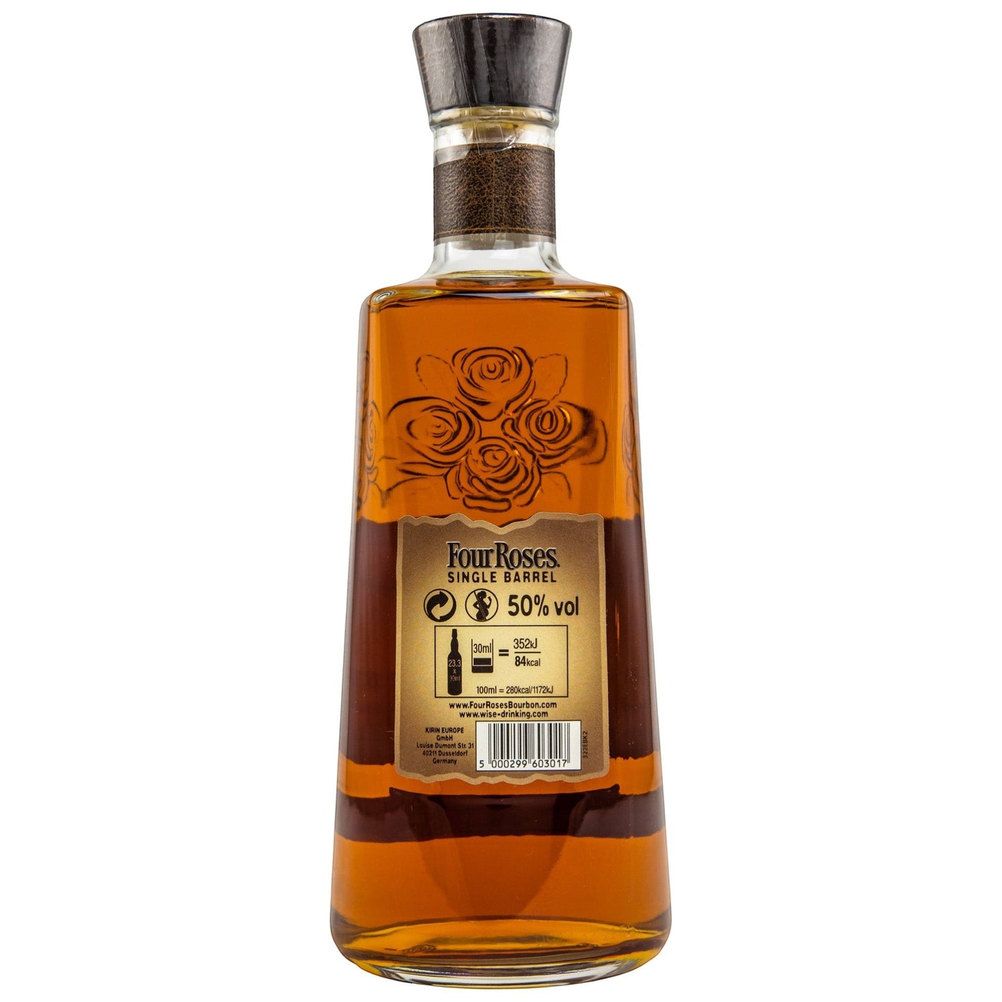 Schwarzbach Spirits Four Roses Single Barrel Bourbon 50% Vol. in einer Glasflasche mit Rosenprägung und braunem Etikett.
