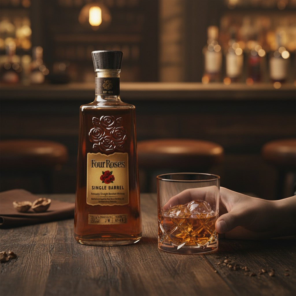 Schwarzbach Spirits Four Roses Single Barrel Bourbon 50% Vol. in einer Glasflasche mit einem Tumbler voller Eiswürfel und Bourbon.