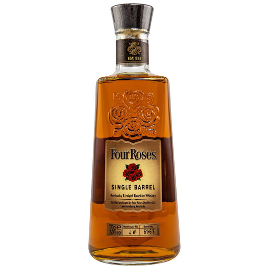 Schwarzbach Spirits Four Roses Single Barrel Bourbon 50% Vol. Kentucky Straight Bourbon Whiskey in einer Glasflasche mit Etikett und Rosen-Prägung.