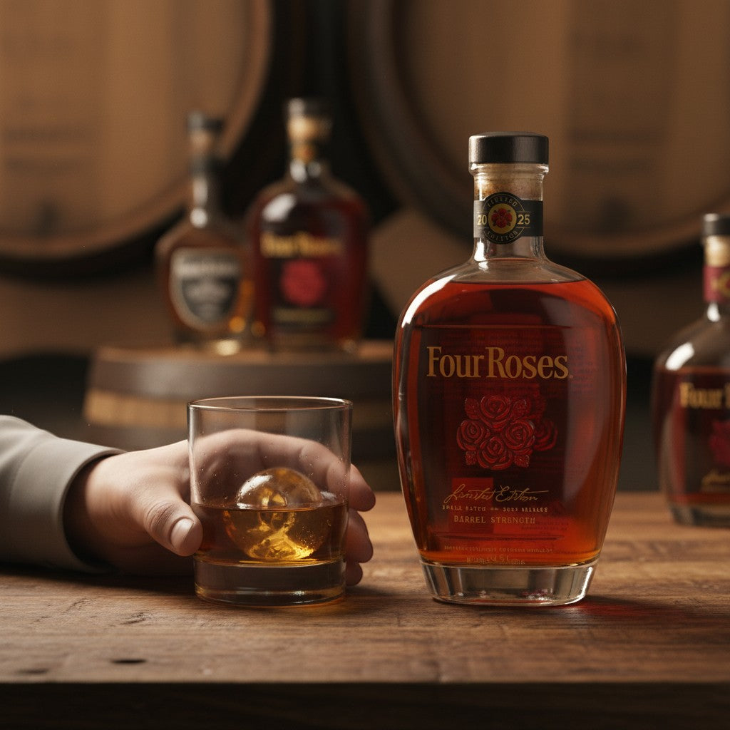 Schwarzbach Spirits präsentiert Four Roses Small Batch Limited Edition 2025 Bourbon mit Glas und Eiskugel