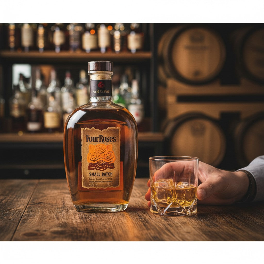 Schwarzbach Spirits Four Roses Small Batch Bourbon Flasche neben einem Glas mit Eis auf einem Holztisch in einer Bar