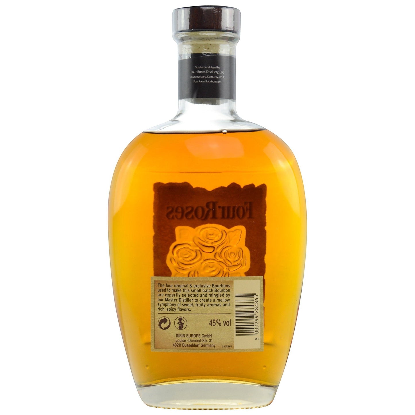 Rückseite der Four Roses Small Batch Bourbon Flasche von Schwarzbach Spirits mit Etikett und goldenem Whiskey.