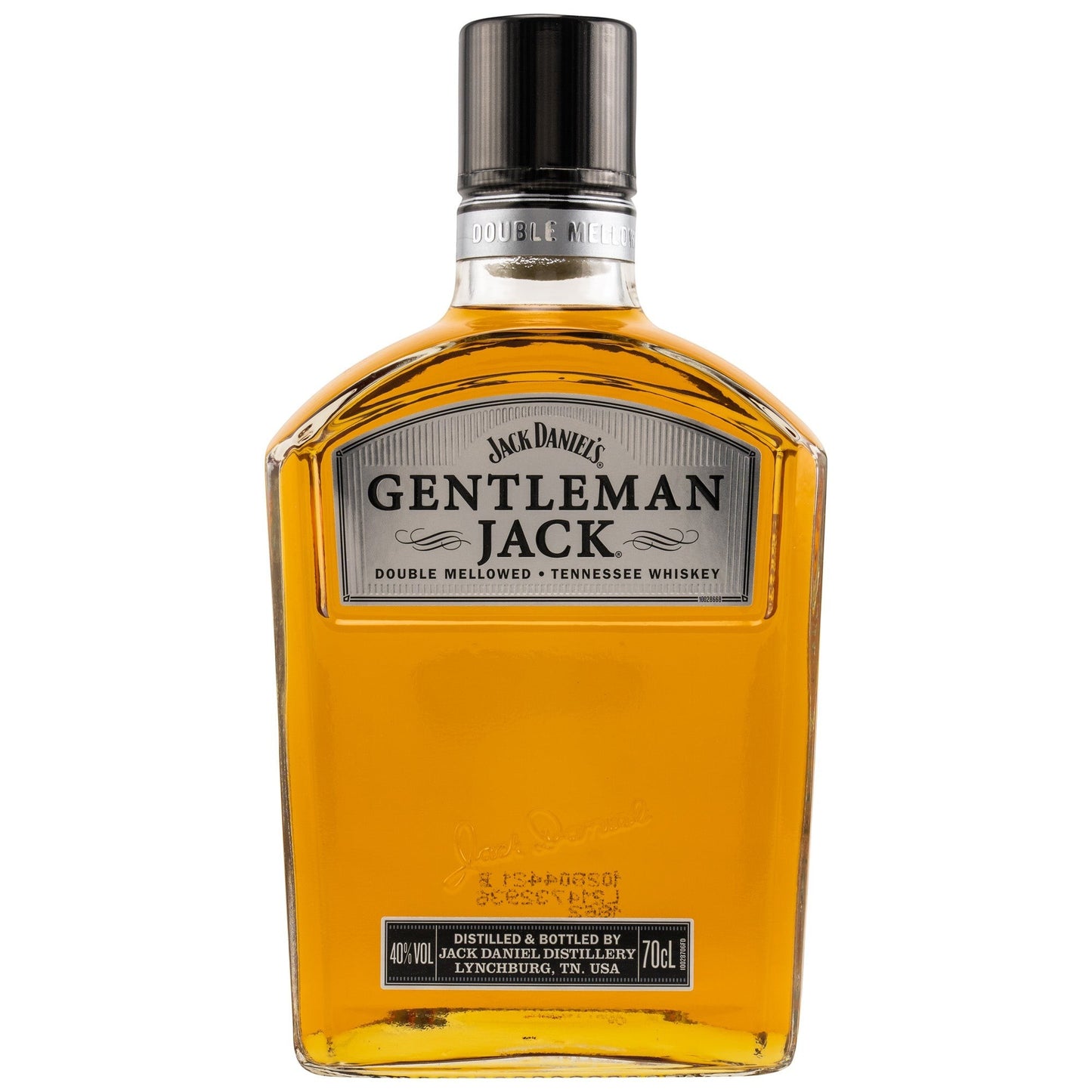 Schwarzbach Spirits Jack Daniel's Gentleman Jack Tennessee Whiskey, 40% Vol., 70cl. Amberfarbener Whiskey in klarer Glasflasche mit silbernem Etikett.