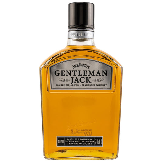 Schwarzbach Spirits Jack Daniel's Gentleman Jack Tennessee Whiskey, 40% Vol., 70cl. Amberfarbener Whiskey in klarer Glasflasche mit silbernem Etikett.