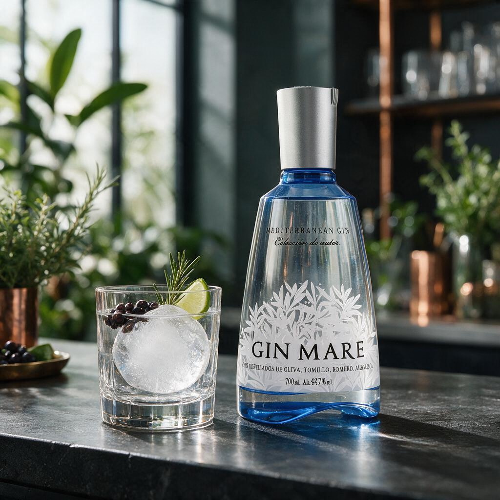 Schwarzbach Spirits Gin Mare Flasche neben einem Glas mit Eis, Limette und Rosmarin auf einem dunklen Tresen.