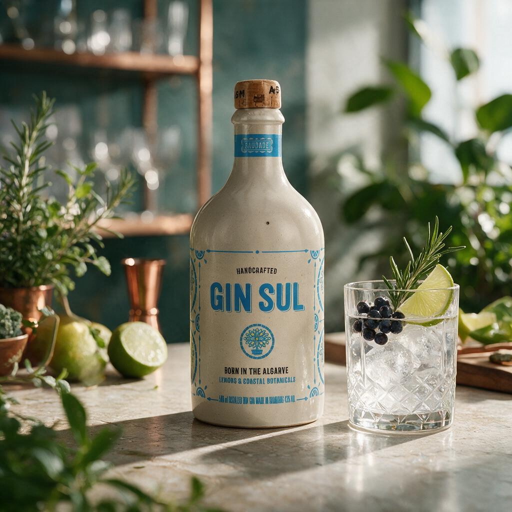 Schwarzbach Spirits Gin Sul Dry Gin in einer weißen Keramikflasche neben einem Glas mit Eis, Limette und Rosmarin.