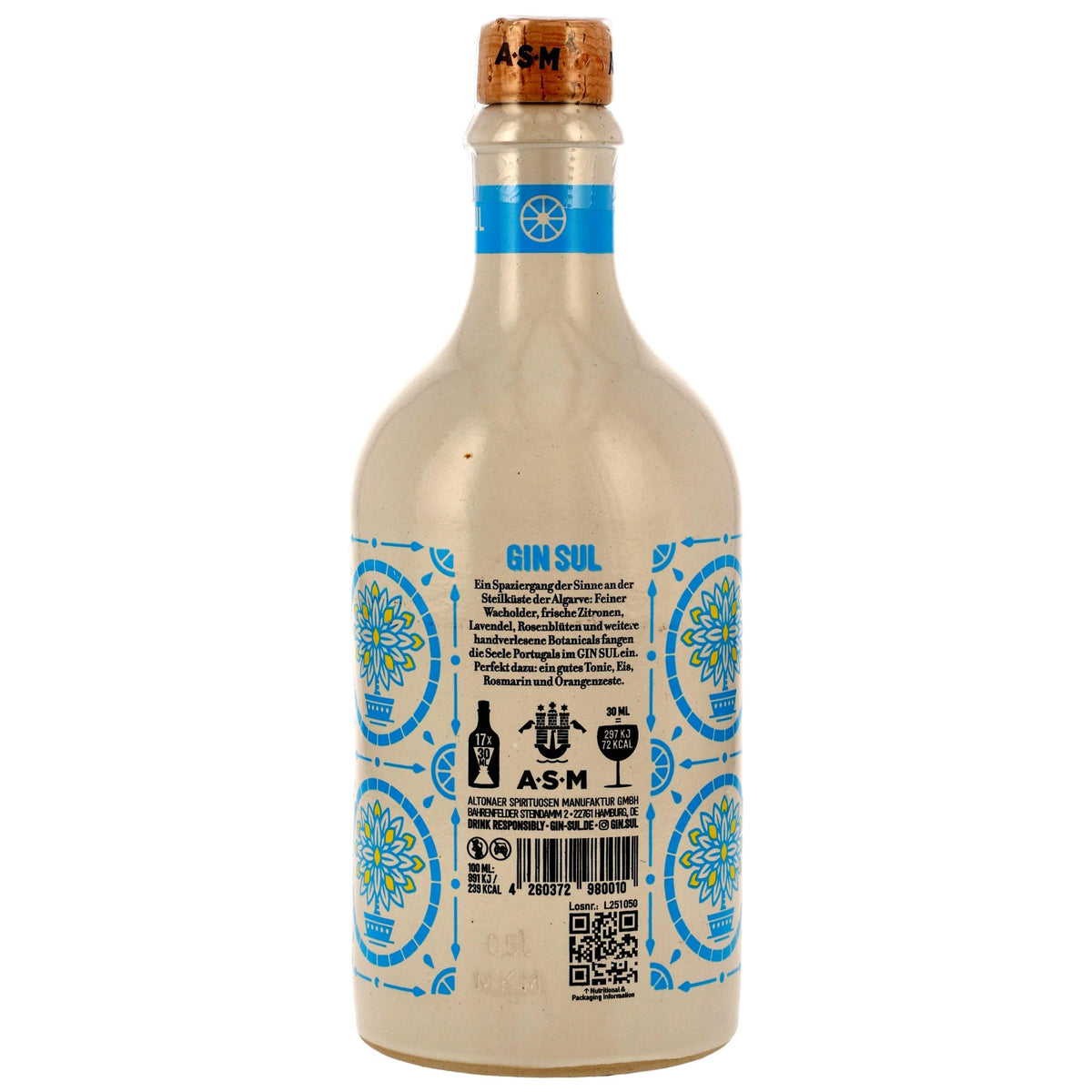 Schwarzbach Spirits GIN SUL Dry Gin in der charakteristischen 0,5 Liter Keramikflasche mit blauem Muster