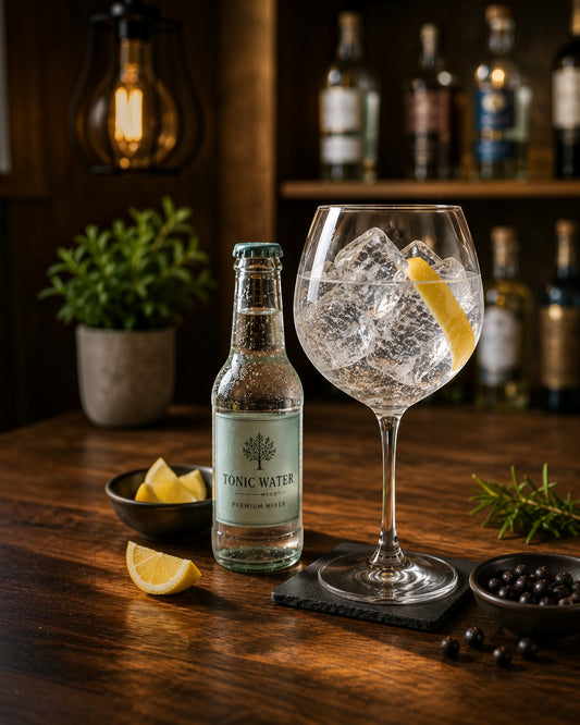 Schwarzbach Spirits Gin & Tonic Night mit Premium Tonic, Eiswürfeln, Zitrone und Botanicals auf einem Holztisch.