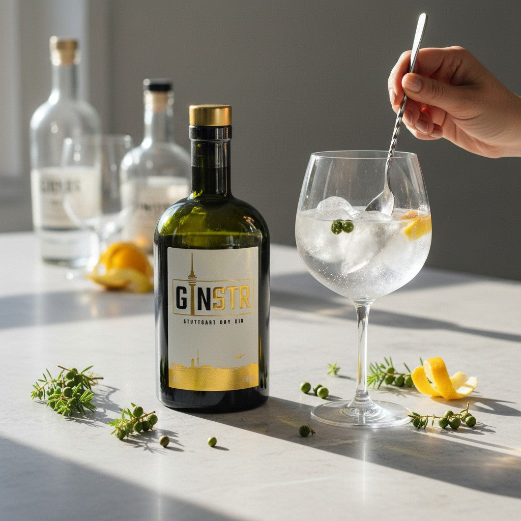 Schwarzbach Spirits GINSTR Stuttgart Dry Gin 44% Vol. 0.5l in a green glass bottle with a white label featuring a gold skyline and the Fernsehturm.