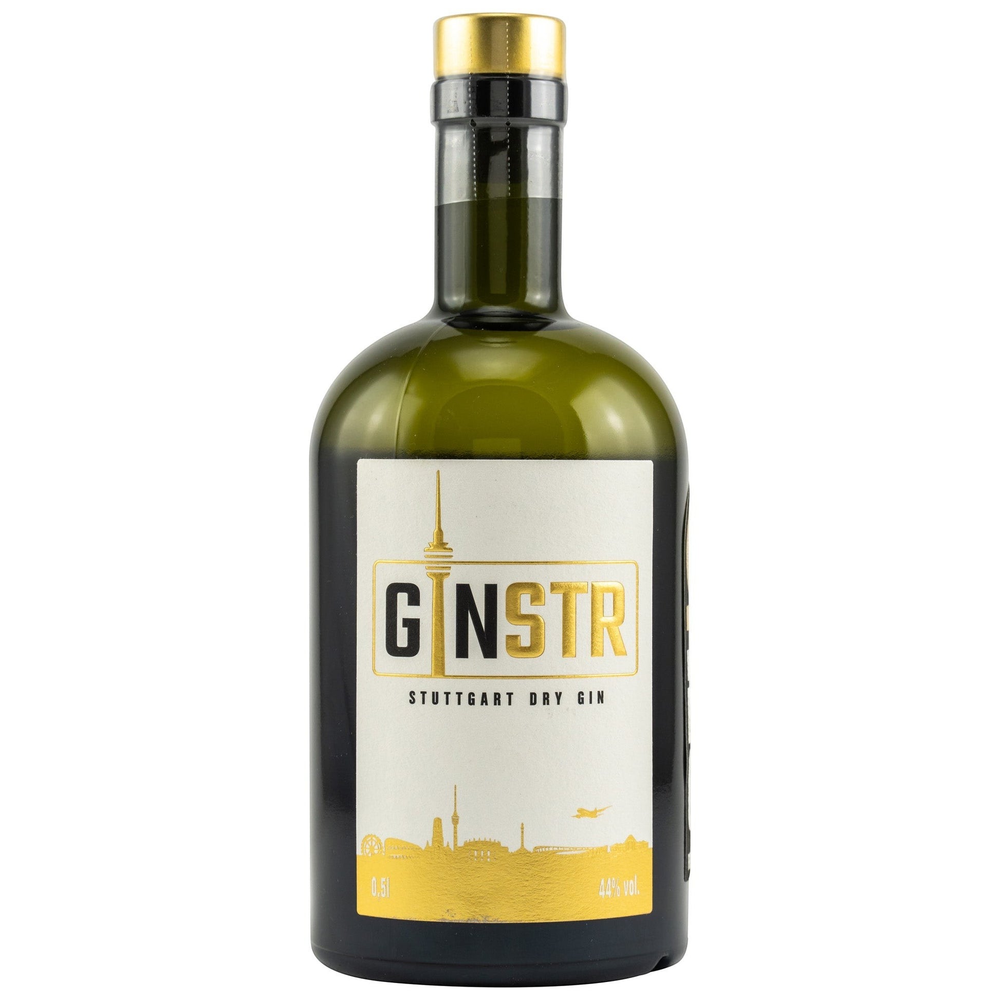 Schwarzbach Spirits GINSTR Stuttgart Dry Gin 44% Vol. 0.5L in a green glass bottle with a white and gold label featuring the Stuttgart skyline.