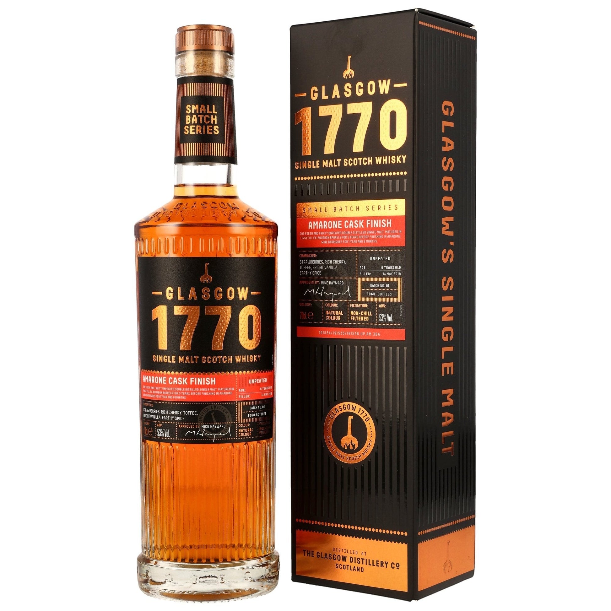 Schwarzbach Spirits Glasgow 1770 Amarone Cask Finish Single Malt Scotch Whisky, 53% Vol., 70cl, goldene Farbe, mit Noten von Erdbeeren, Kirschen und Vanille.