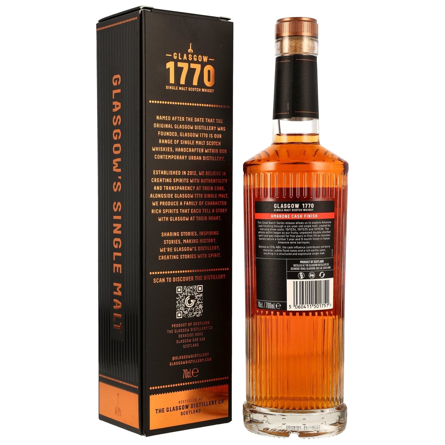 Schwarzbach Spirits Glasgow 1770 Amarone Cask Finish Single Malt Scotch Whisky, 53% Vol., 70cl. Amberfarbene Flüssigkeit in gerippter Glasflasche mit schwarzem Etikett und Kupferverschluss.