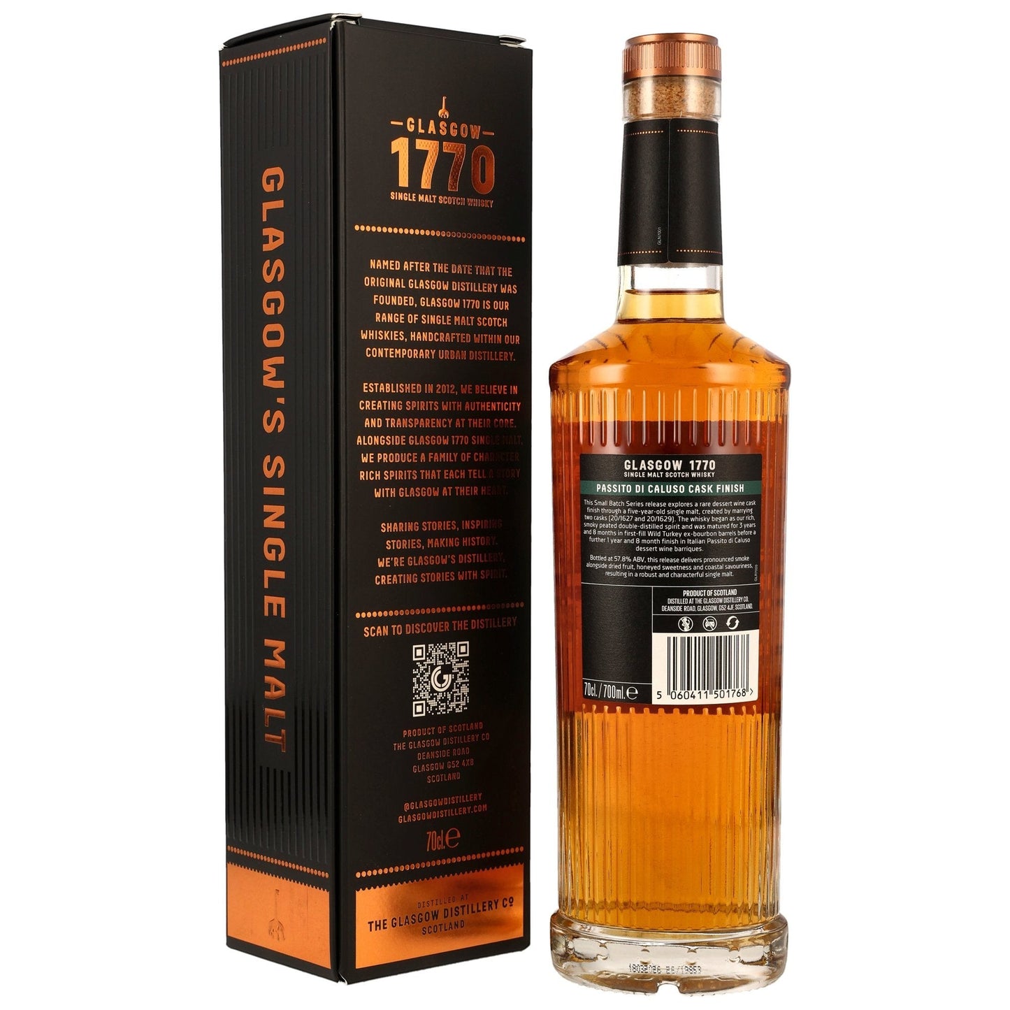 Schwarzbach Spirits: Glasgow 1770 Peated Passito di Caluso Cask Finish Single Malt Scotch Whisky, 57,8% Vol., 70cl Flasche mit schwarzer Geschenkverpackung.