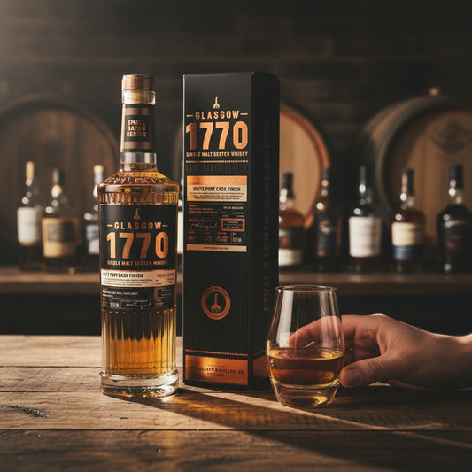 Schwarzbach Spirits Glasgow 1770 Single Malt Scotch Whisky, 6 Jahre, White Port Cask Finish, 53,3% Vol. mit Noten von grünem Apfel, Zitrusfrüchten und Honig.