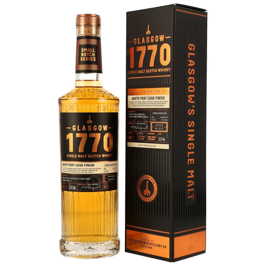 Schwarzbach Spirits Glasgow 1770 Single Malt Scotch Whisky, 6 Jahre, White Port Cask Finish, 53,3% Vol. mit Noten von grünem Apfel, Zitrusfrüchten und Honig.