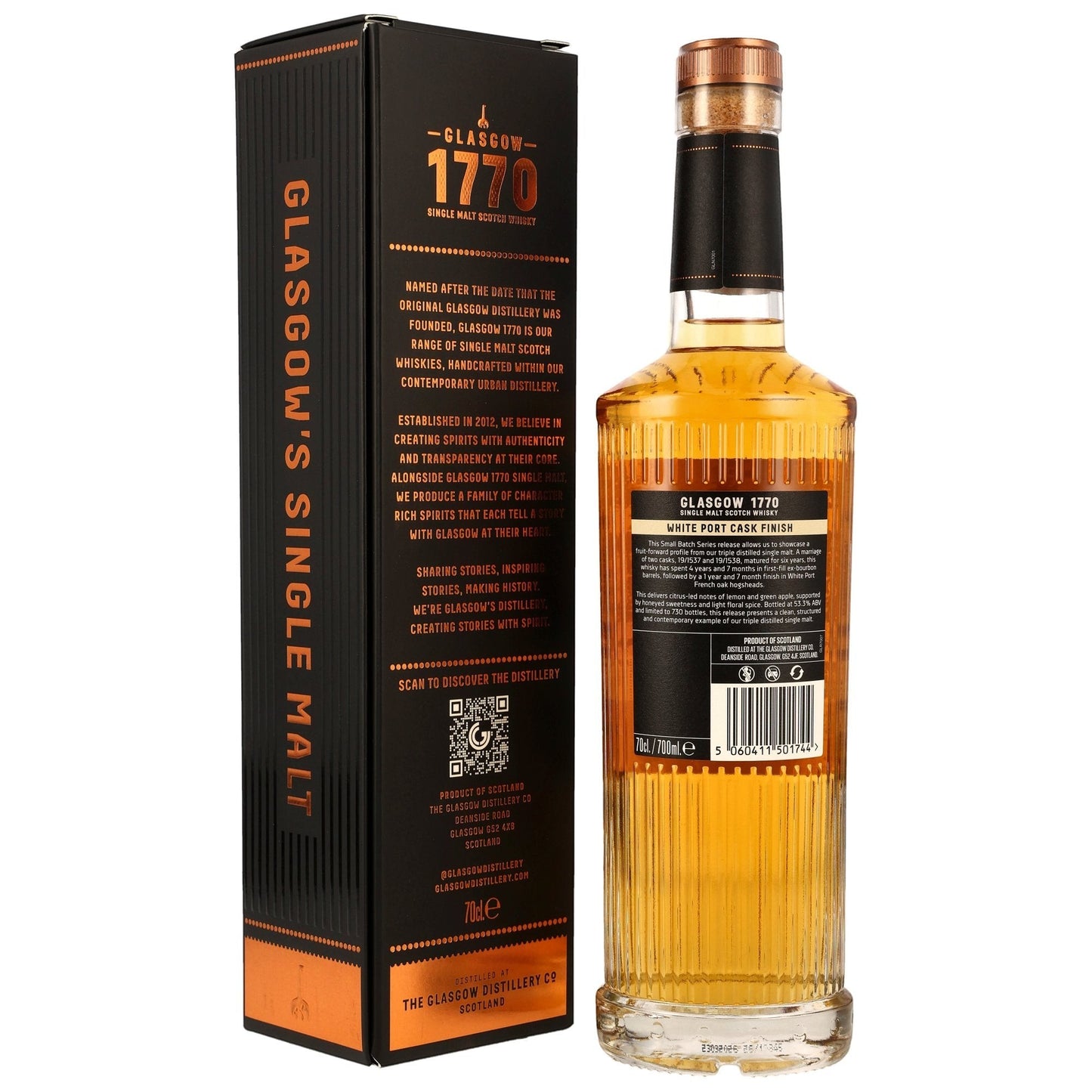 Schwarzbach Spirits Glasgow 1770 Single Malt Scotch Whisky, 6 Jahre Triple Distilled, White Port Cask Finish, 53,3% Vol., 70cl