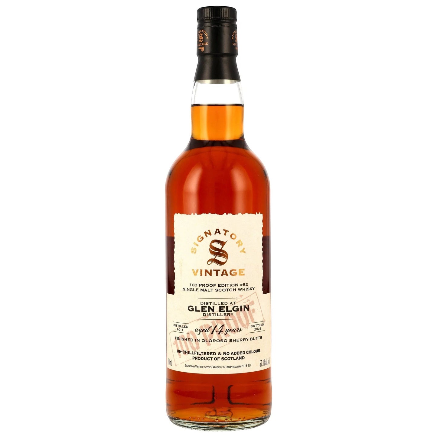 Schwarzbach Spirits Glen Elgin 14 Jahre Single Malt Whisky in einer Flasche mit Oloroso Sherry Finish Etikett