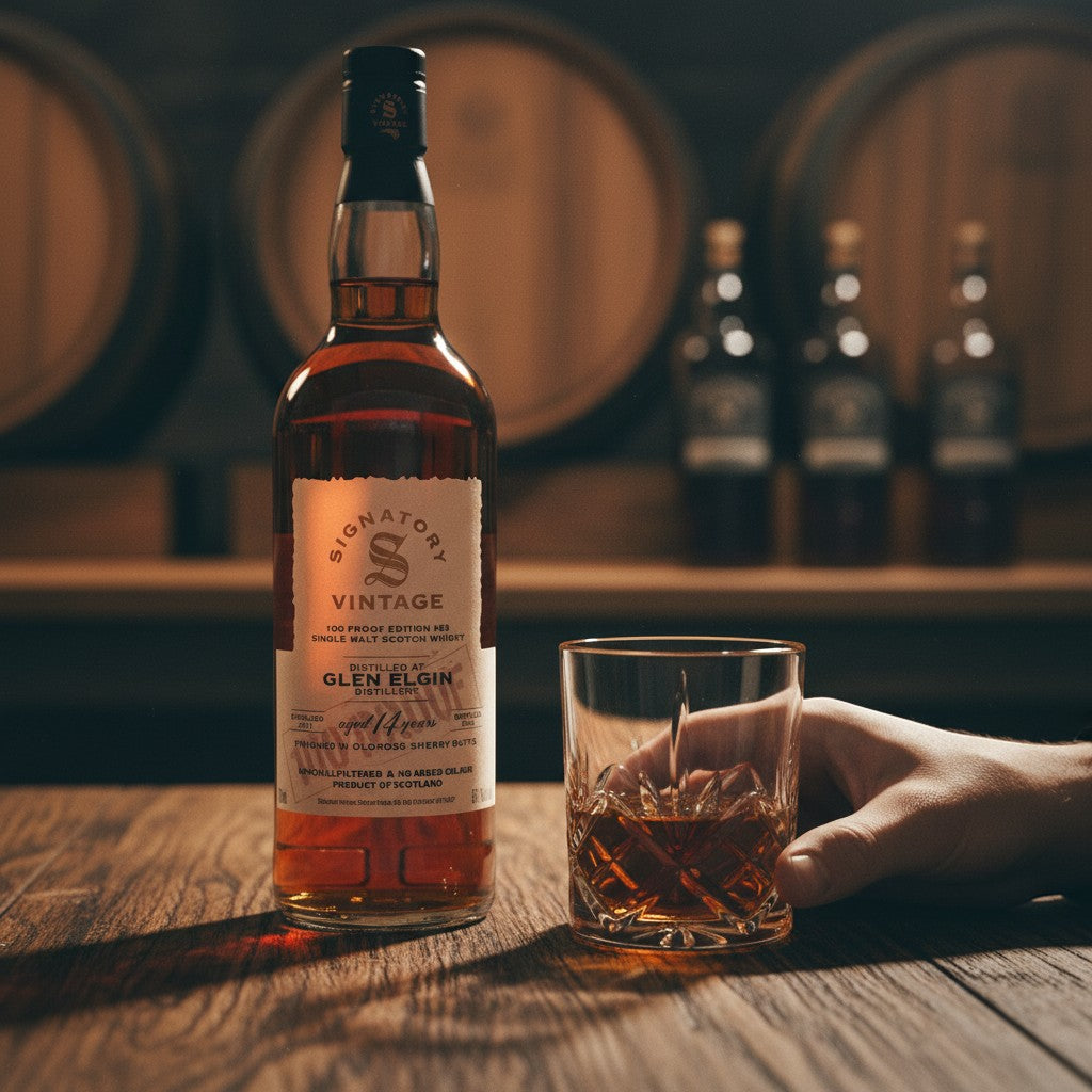 Schwarzbach Spirits Glen Elgin 14 Jahre Single Malt Whisky mit Glas vor Whiskyfässern im Hintergrund